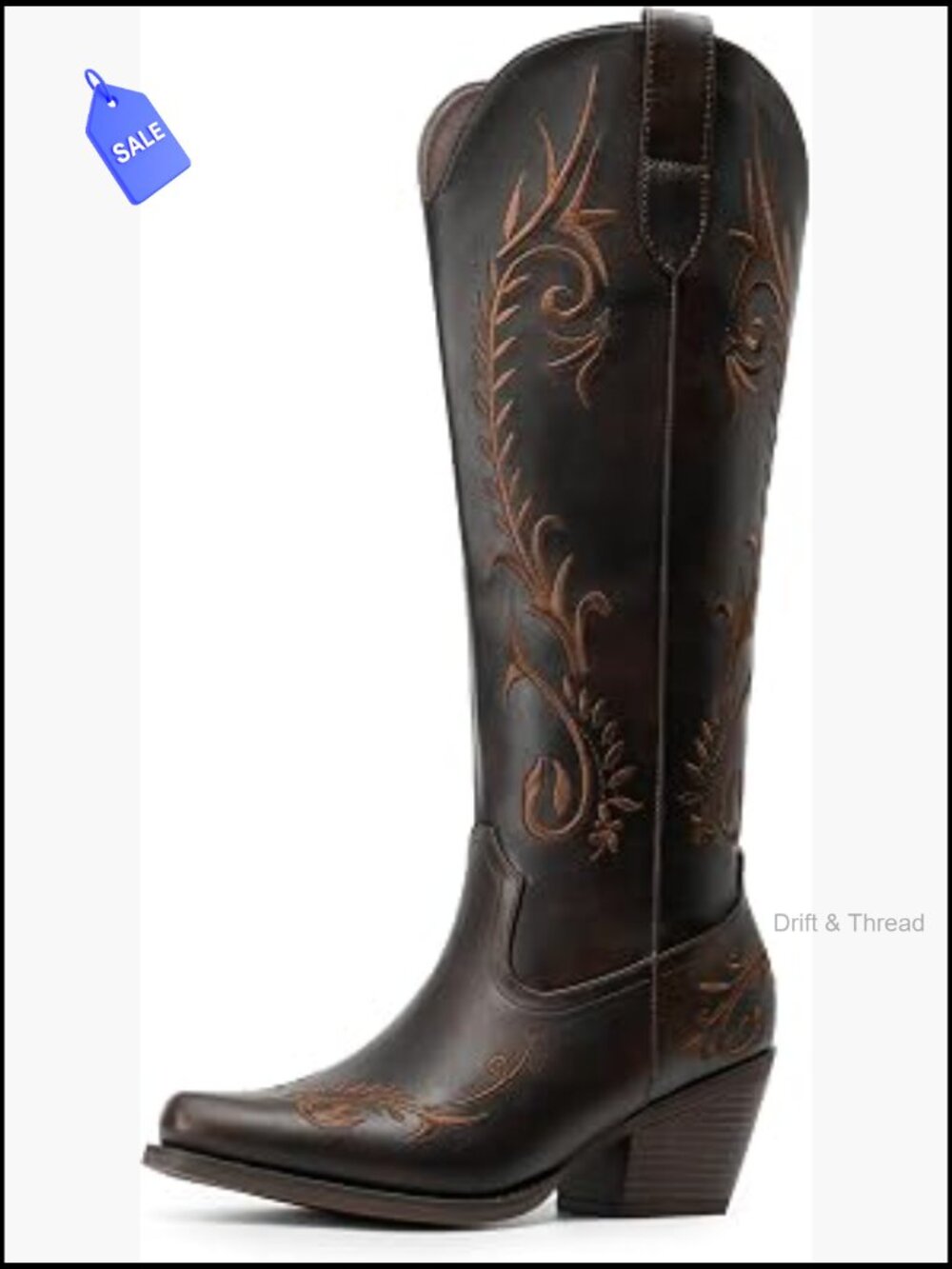 Knee High Cowboy Boots Square Toe Embroidered Western Mid Heel Womens Footwear